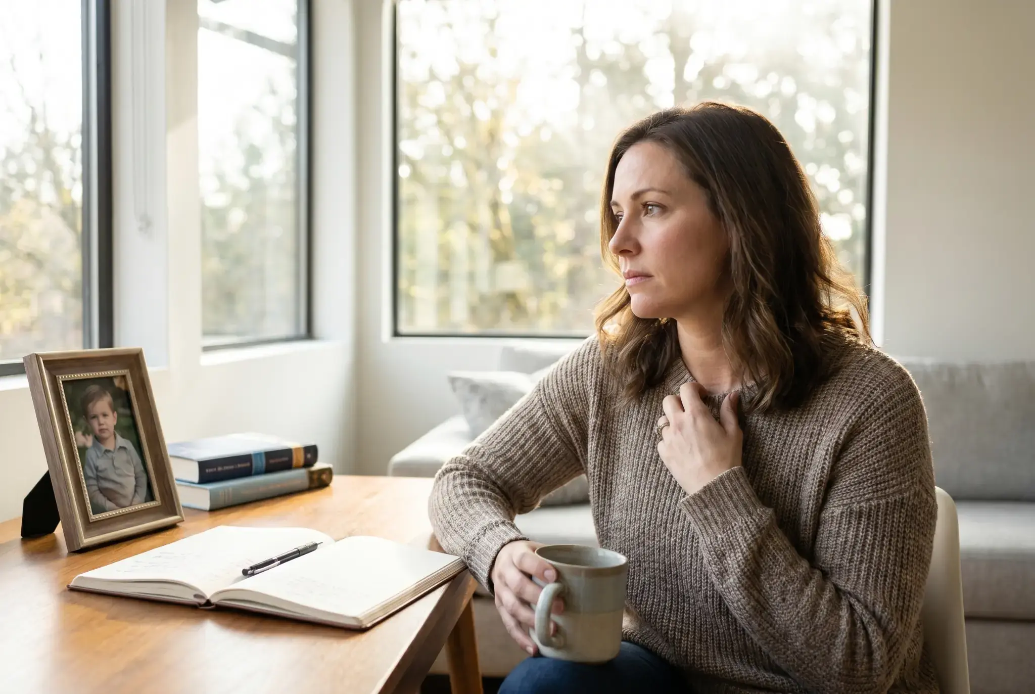 A thoughtful adult sitting in a warm, professional office setting