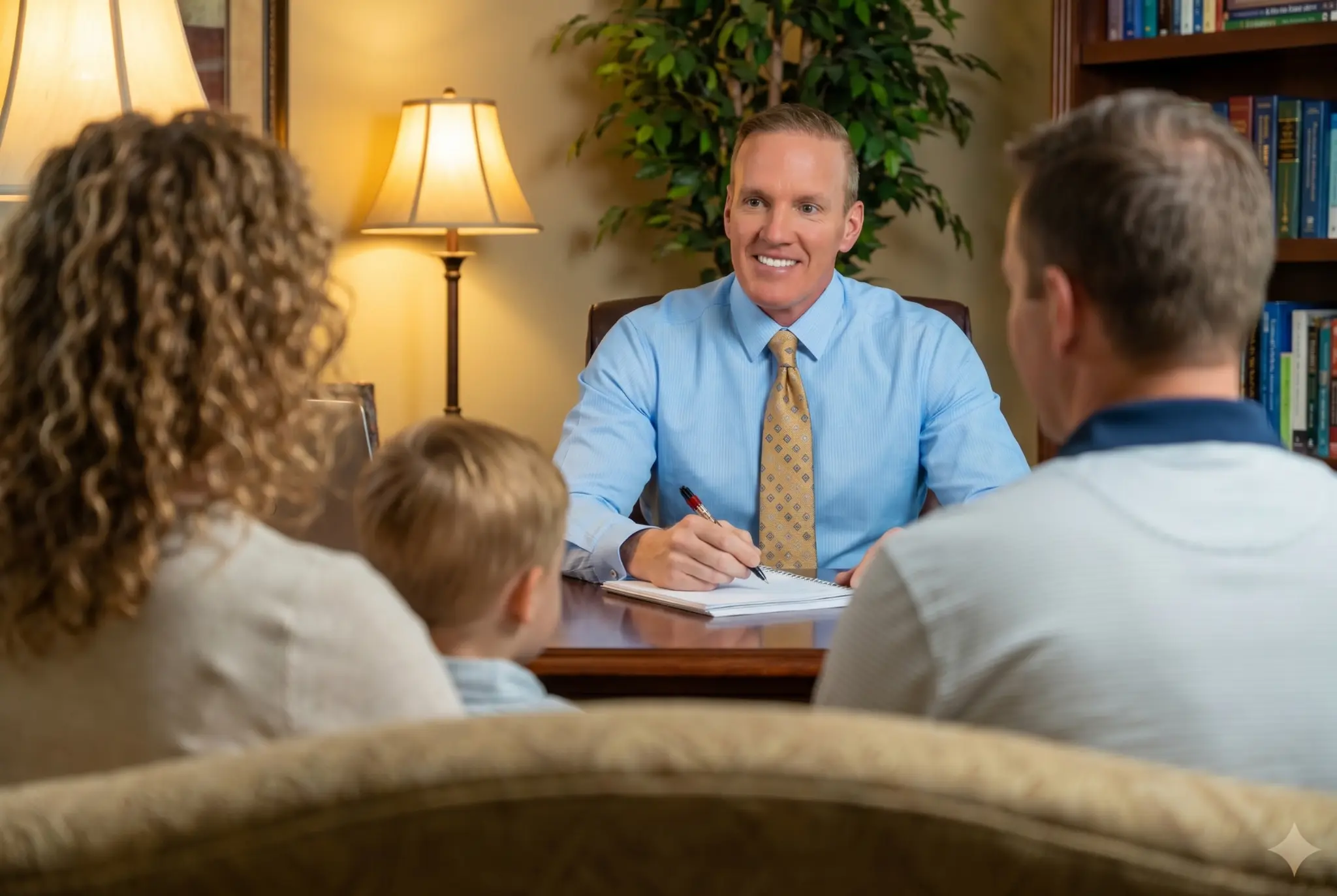 A psychologist conducting a consultation with a patient in a warm, professional office setting
