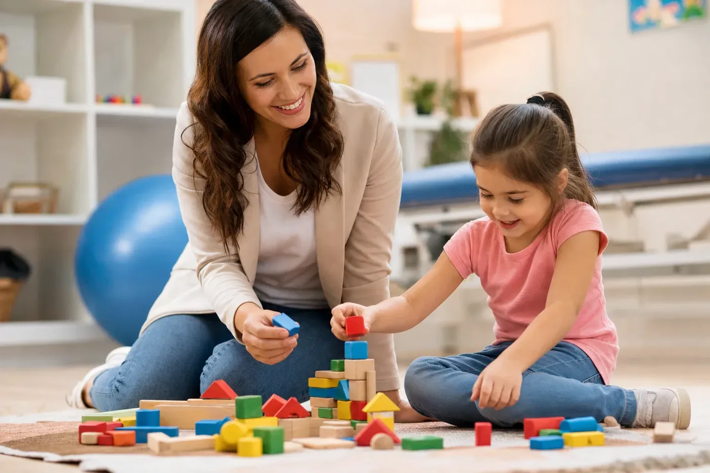 A therapist doing a play-based ABA session with a child