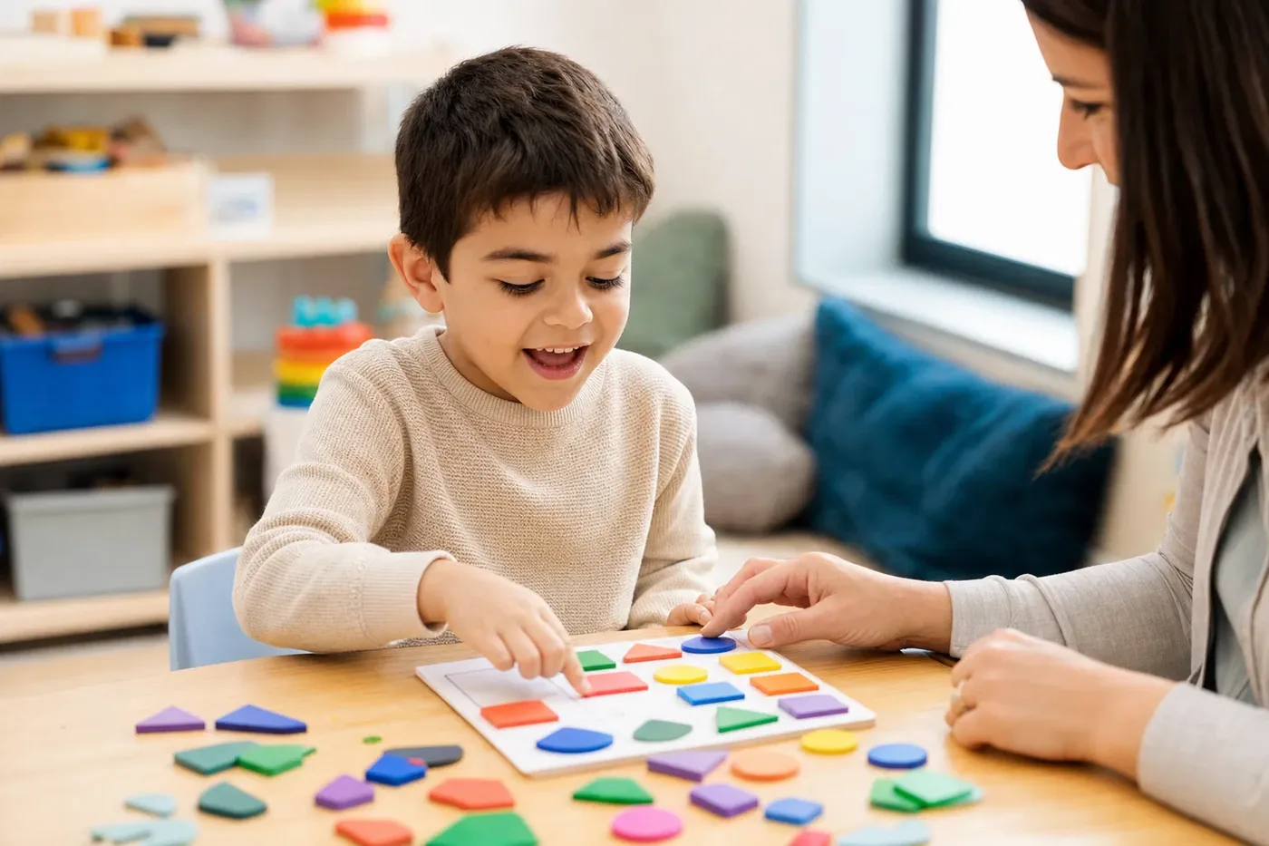 A child happily engaged in a structured learning activity with a therapist