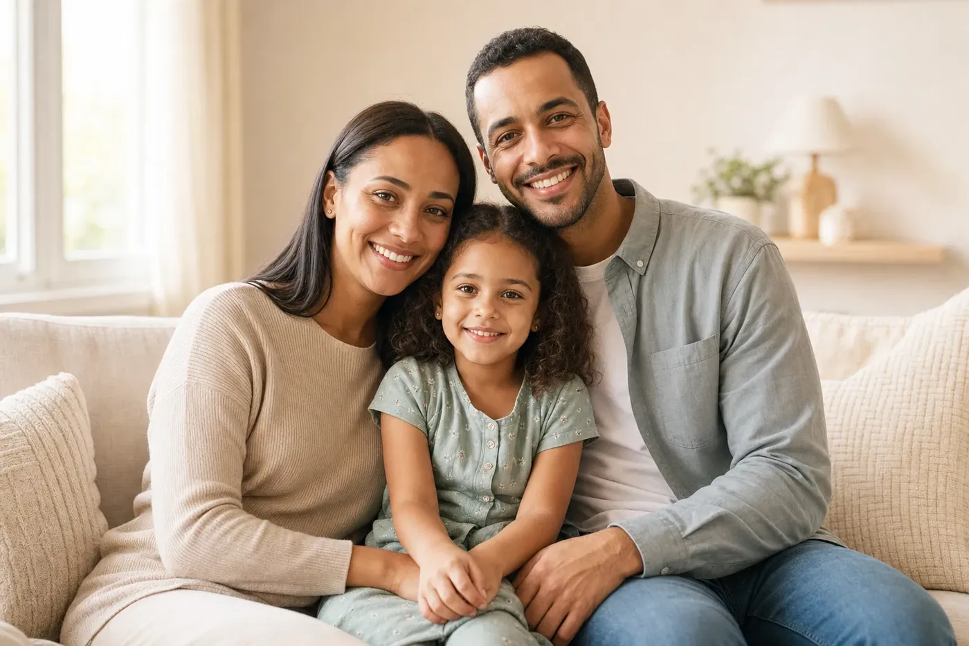 Family of three smiling together on a couch