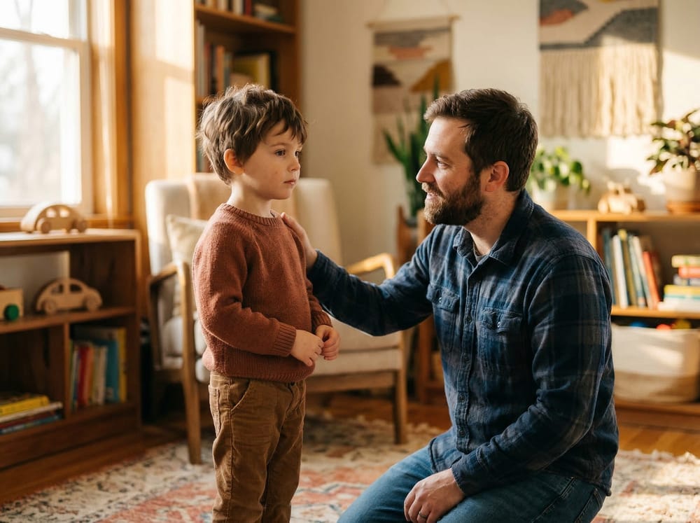 Father talking and comforting his young son who has autism.